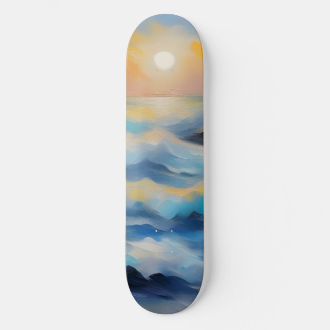 Painting of light blue sea waves under the sun skateboard (Front)
