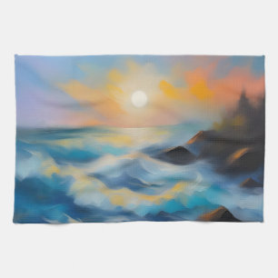 Painting of light blue sea waves under the sun tea towel