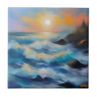 Painting of light blue sea waves under the sun