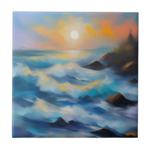 Painting of light blue sea waves under the sun tile