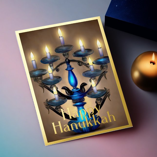 Painting of Menorah Happy Hanukkah Gold Blue (Creator Uploaded)