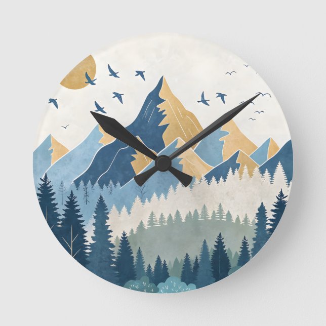Painting of mountains with birds in flight round clock (Front)