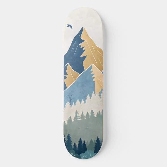 Painting of mountains with birds in flight skateboard (Front)