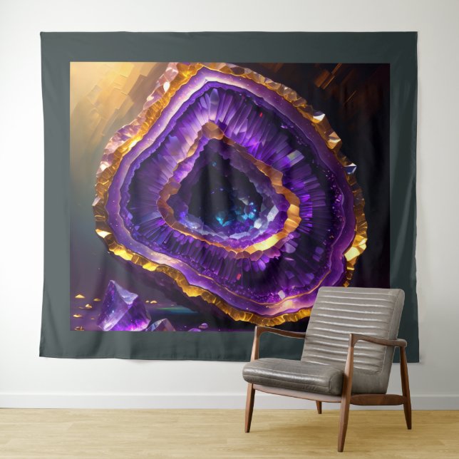 Painting of Purple Amethyst Geode Gold Tapestry (In Situ (Horizontal))