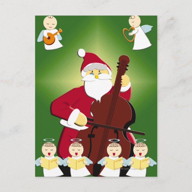 Painting of Santa Claus playing cello with Holiday Postcard (Front)