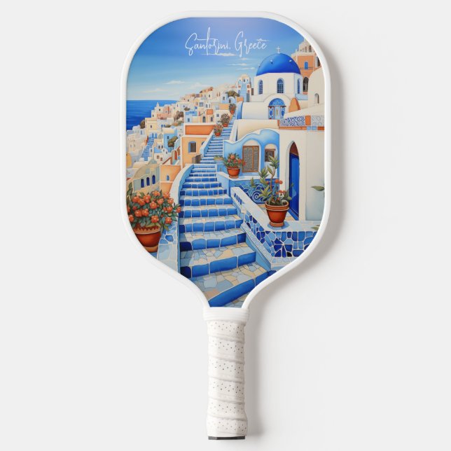 Painting of Santorini Island Greece | Travel Art Pickleball Paddle (Front)