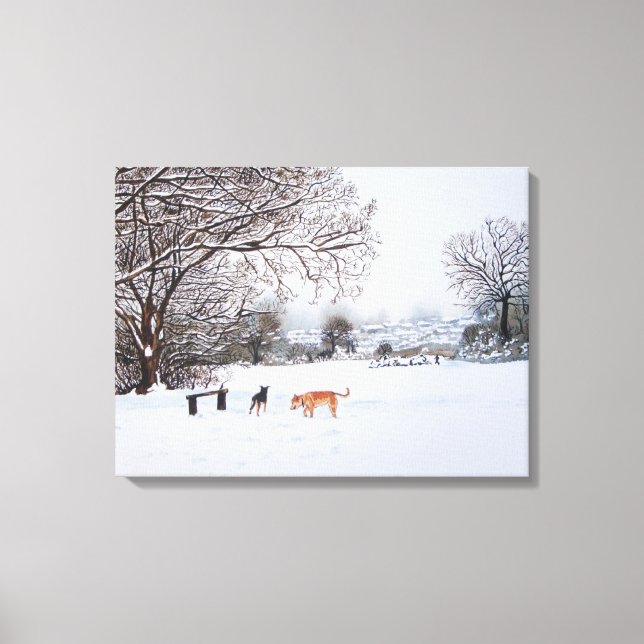 painting of snow scene landscape with dogs canvas print (Front)