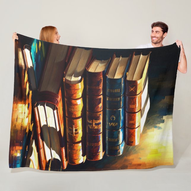 Painting of Stack of Old Books Cosy Reading Fleece Blanket (In Situ)