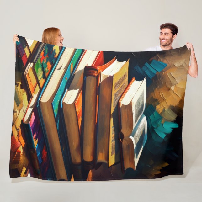 Painting of Stack of Old Books Cosy Reading Fleece Blanket (In Situ)