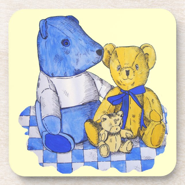 painting of three very cute old teddy bears coaster (Front)