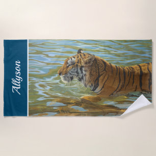 Painting Of Tiger Swimming DIY Name Ocean Blue Beach Towel