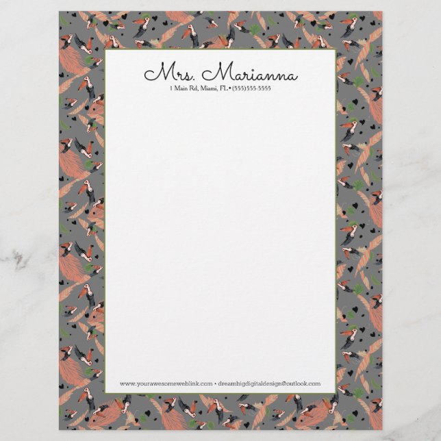 Painting of Toucans and Greenery Bird  Pattern Custom Letterhead (Front)