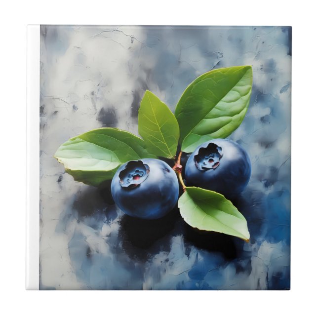 Painting of two blueberries with green leaves tile (Front)