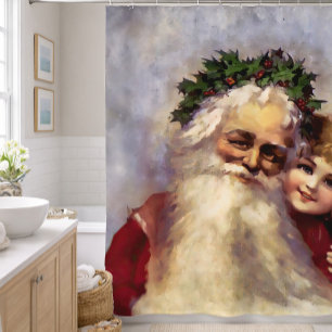 Painting of Vintage Father Christmas with Child Shower Curtain