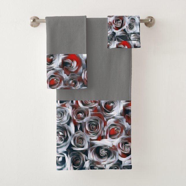 Painting of white, black, silver, and red roses bath towel set (Insitu)