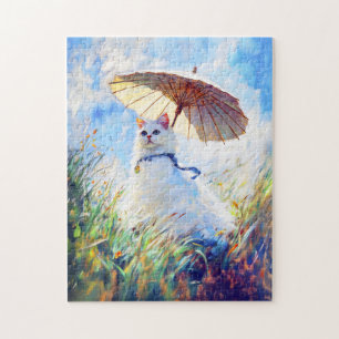 Painting of White Cat with Parasol in Poppy Field Jigsaw Puzzle