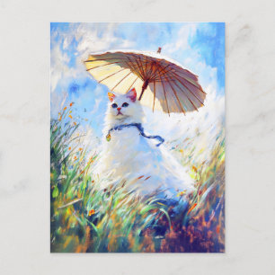 Painting of White Cat with Parasol in Poppy Field Postcard