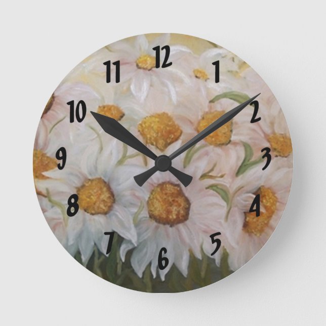 Painting of white daisies garden round clock (Front)