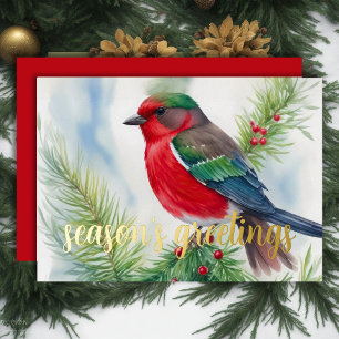 Painting of Winter Bird Red Green