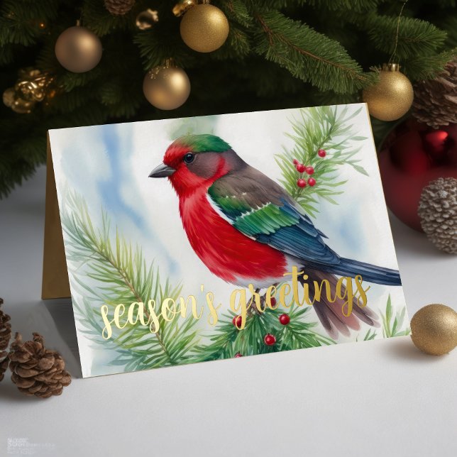 Painting of Winter Bird Red Green Holiday Card (Creator Uploaded)