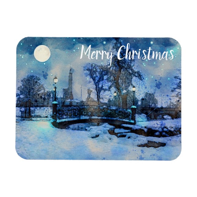 Painting of winter night in city park magnet (Horizontal)