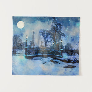 Painting of winter night in city park tapestry