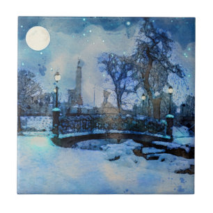 Painting of winter night in city park tile