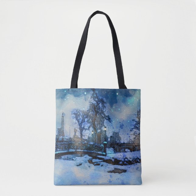 Painting of winter night in city park tote bag (Front)