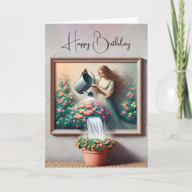 Painting of Woman Watering a Potted Plant  Card (Front)