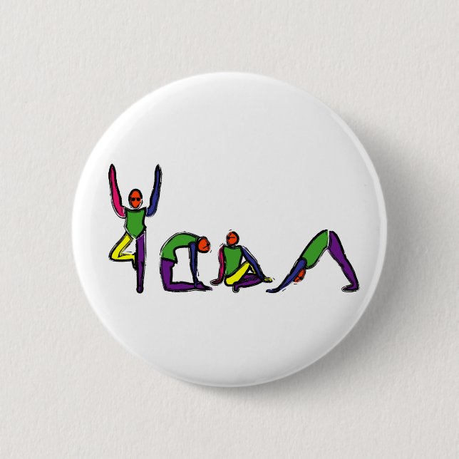 Painting of yoga poses spelling YOGA. 6 Cm Round Badge (Front)