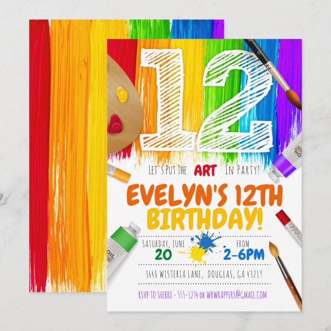 Painting Party Invitation, Art Birthday Party - 12 Invitation (Front/Back)