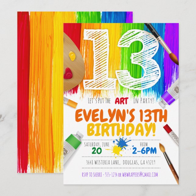 Painting Party Invitation, Art Birthday Party - 13 Invitation (Front/Back)