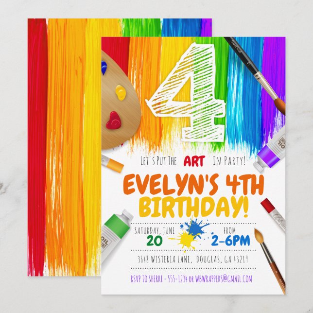 Painting Party Invitation, Art Birthday Party - 4 Invitation (Front/Back)