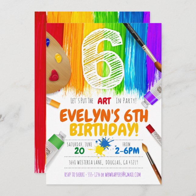 Painting Party Invitation, Art Birthday Party - 6 Invitation (Front/Back)