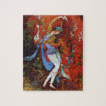 Painting Persian Girl Pouring wine from jug Jigsaw Puzzle<br><div class="desc">Persian Miniature Dancing Nymph
 Painting Persian Girl Pouring wine from jug
 Dancing Persian girl,  miniature painting
 Beautiful painting of a young girl nymph wearing traditional Iranian folk costume with flowery flowing robes,  dancing and pouring wine from jug against a fantasy background mostly bright vibrant red.</div>