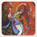 Painting Persian Girl Pouring wine from jug Square Paper Coaster<br><div class="desc">Persian Miniature Dancing Nymph
 Painting Persian Girl Pouring wine from jug
 Dancing Persian girl,  miniature painting
 Beautiful painting of a young girl nymph wearing traditional Iranian folk costume with flowery flowing robes,  dancing and pouring wine from jug against a fantasy background mostly bright vibrant red.</div>