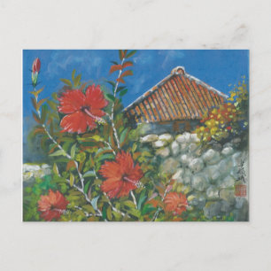 Painting Postcard Hibiscus and Okinawan House