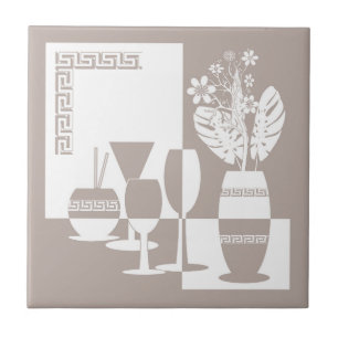 Painting vase with flowers and wine glasses light tile