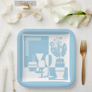 Painting vase with flowers and wine glasses sky bl paper plate