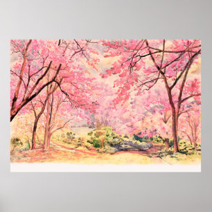 Painting watercolor landscape pink red flower of W Poster