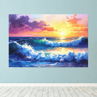 Painting waves at sunset sunrise 002 canvas print