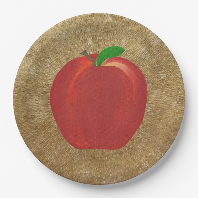 Painting Whole Red Apple Gold Ripple Paper Plates (Front)