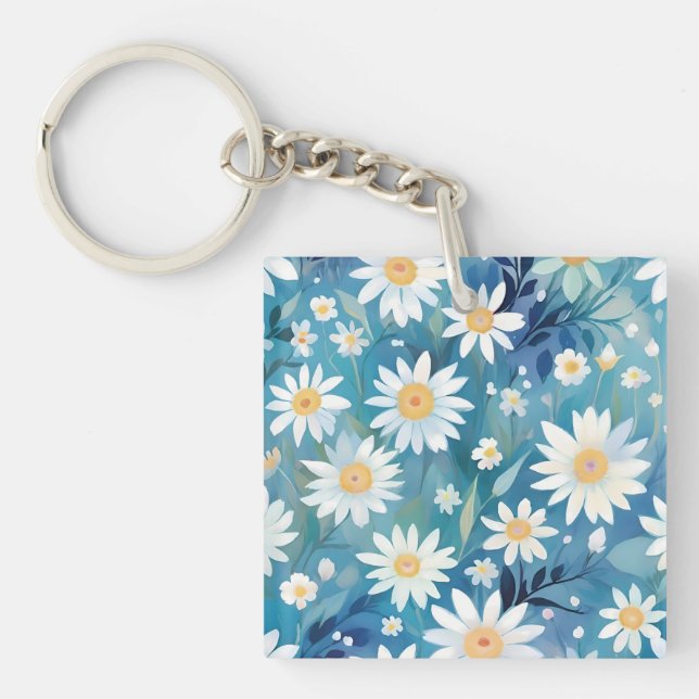 Painting with white flowers key ring (Front)