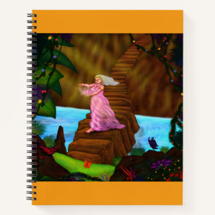 Painting young woman walking across bridge notebook