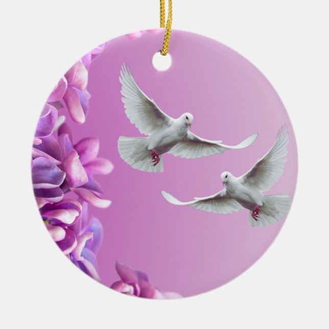 Pair Of Beautiful White Doves Ceramic Tree Decoration (Front)