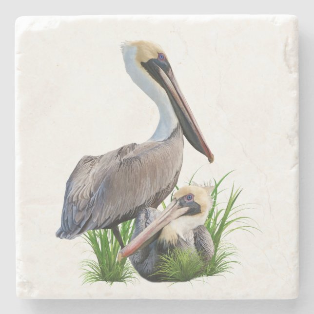 Pair of Brown Pelicans Customisable Stone Coaster (Front)