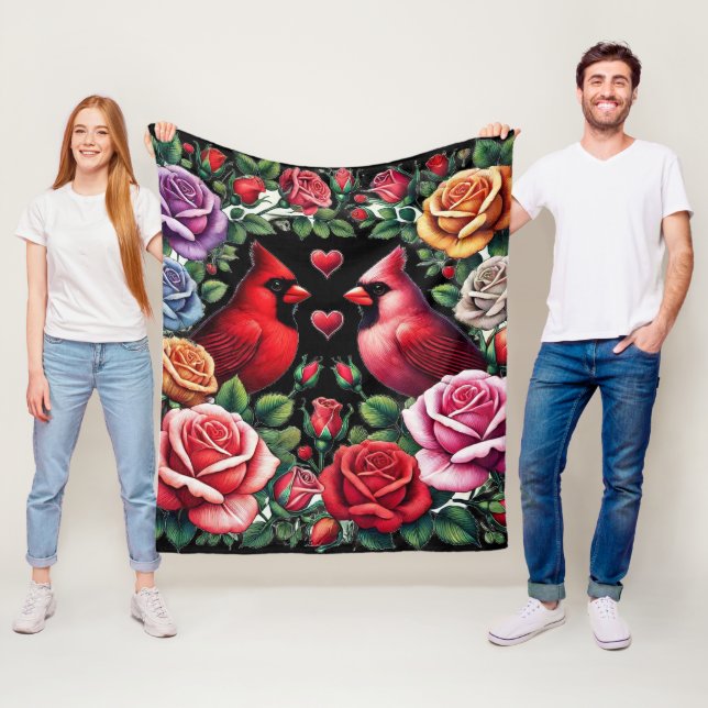 Pair of Cardinals Amid Vibrant Roses Fleece Blanket (In Situ)
