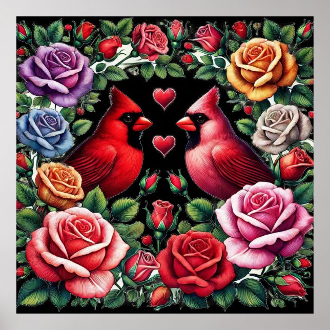 Pair of Cardinals Amid Vibrant Roses Poster (Front)
