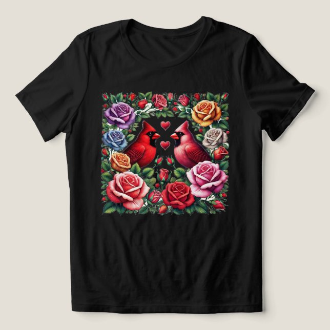 Pair of Cardinals Amid Vibrant Roses Tri-Blend Shirt (Design Front)