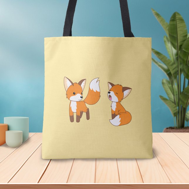 Pair of Cute Little Foxes on Yellow Tote Bag (Creator Uploaded)